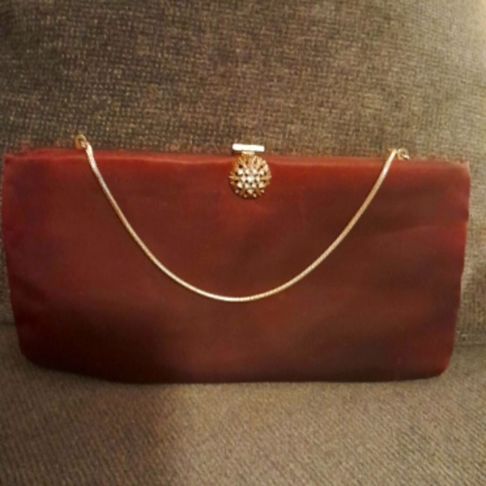 🤠Vintage Harry Levine Brown Satin Purse/Clutch With Floral /Crystal Clasp